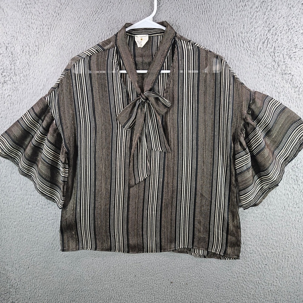 By Together Womens Black Gold Metallic Stripe Tie Neck Ruffle Sleeve Blouse S